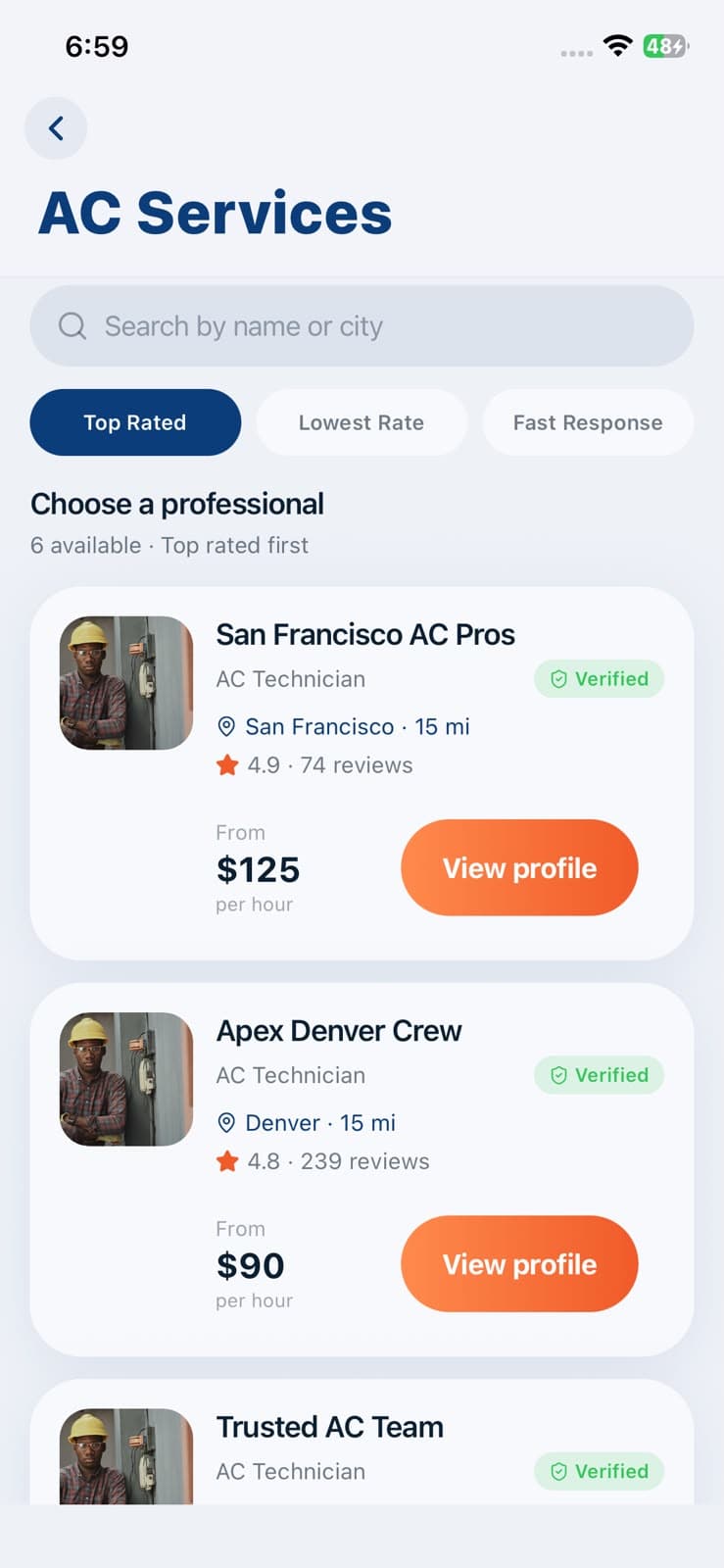 Nearby professionals list